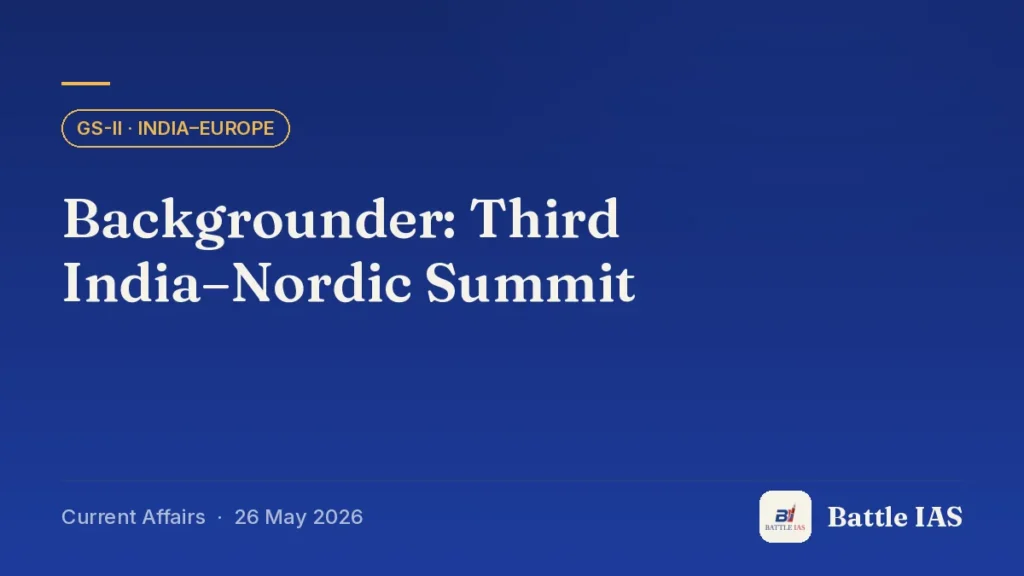 Battle IAS current affairs title card: Backgrounder: Third India–Nordic Summit (GS2 · India–Europe, 26 May 2026)