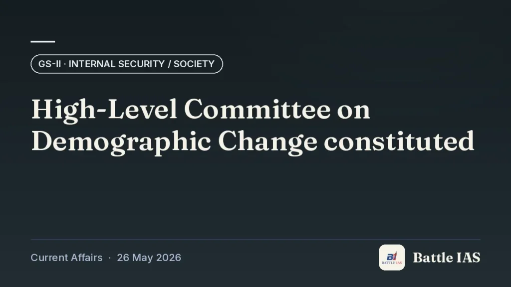 Battle IAS current affairs title card: High-Level Committee on Demographic Change constituted (GS2 · Internal security / society, 26 May 2026)