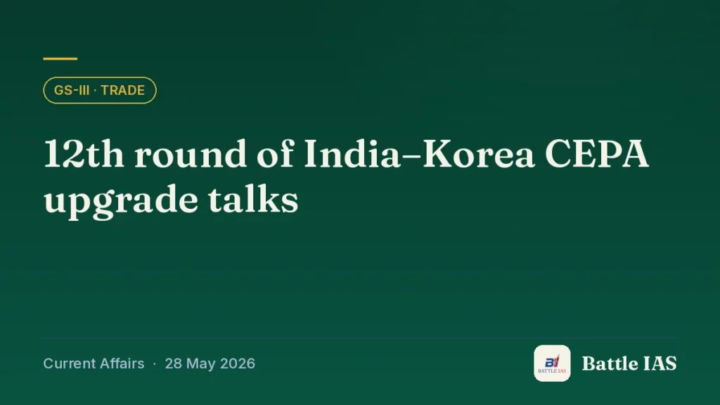 Battle IAS current affairs title card: 12th round of India–Korea CEPA upgrade talks (GS3 · Trade, 28 May 2026)