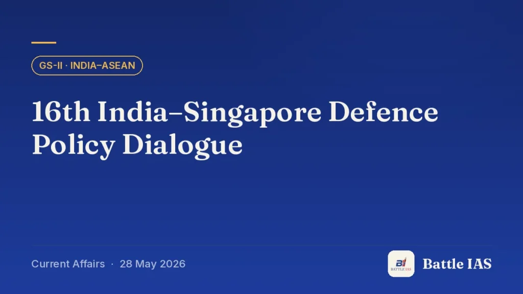 Battle IAS current affairs title card: 16th India–Singapore Defence Policy Dialogue (GS2 · India–ASEAN, 28 May 2026)