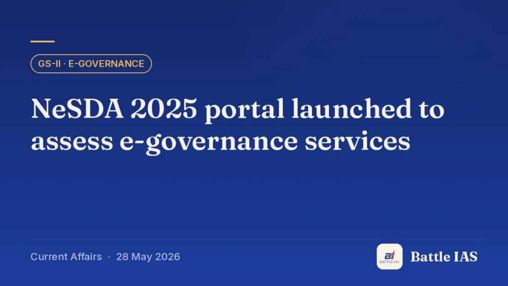 Battle IAS current affairs title card: NeSDA 2025 portal launched to assess e-governance services (GS2 · e-Governance, 28 May 2026)
