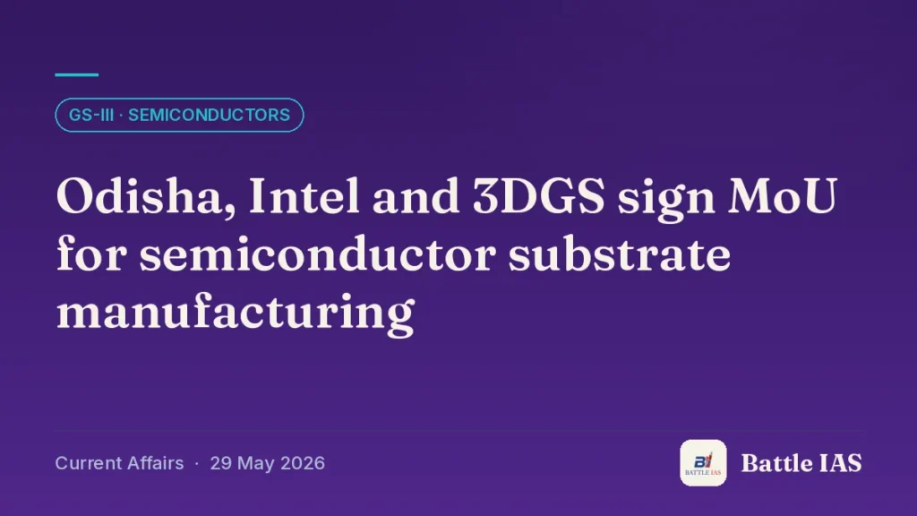 Battle IAS current affairs title card: Odisha, Intel and 3DGS sign MoU for semiconductor substrate manufacturing (GS3 · Semiconductors, 29 May 2026)