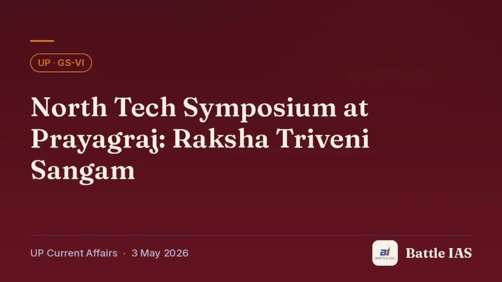 Battle IAS UP current affairs title card: North Tech Symposium at Prayagraj: Raksha Triveni Sangam (, 3 May 2026)