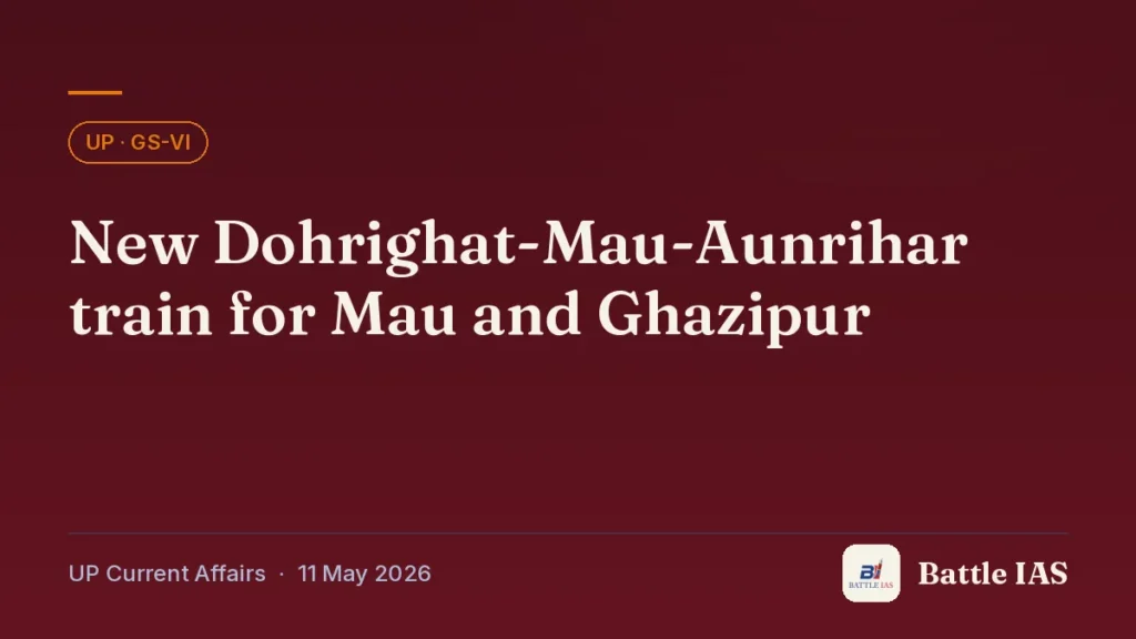 Battle IAS UP current affairs title card: New Dohrighat-Mau-Aunrihar train for Mau and Ghazipur (, 11 May 2026)