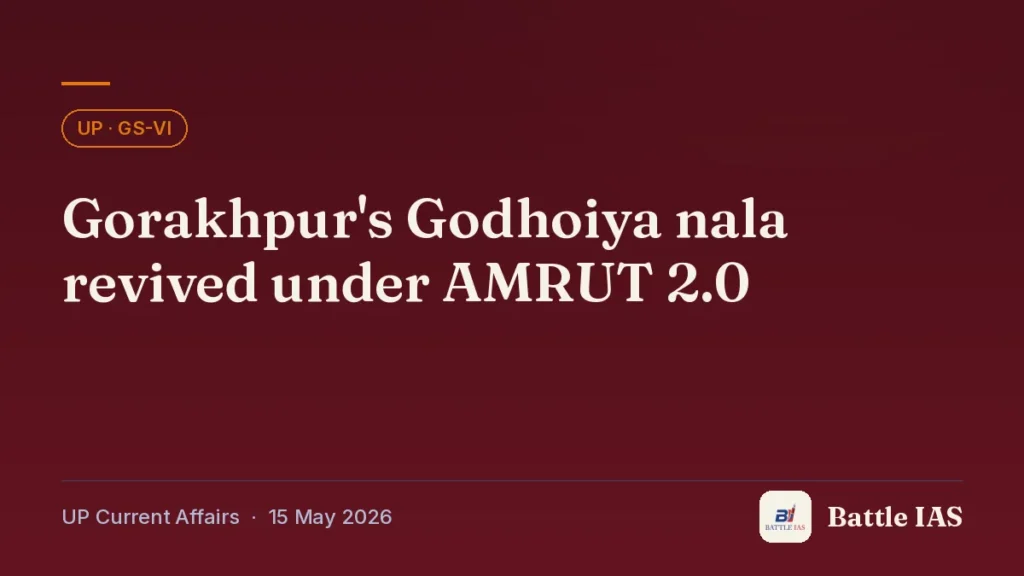 Battle IAS UP current affairs title card: Gorakhpur's Godhoiya nala revived under AMRUT 2.0 (, 15 May 2026)