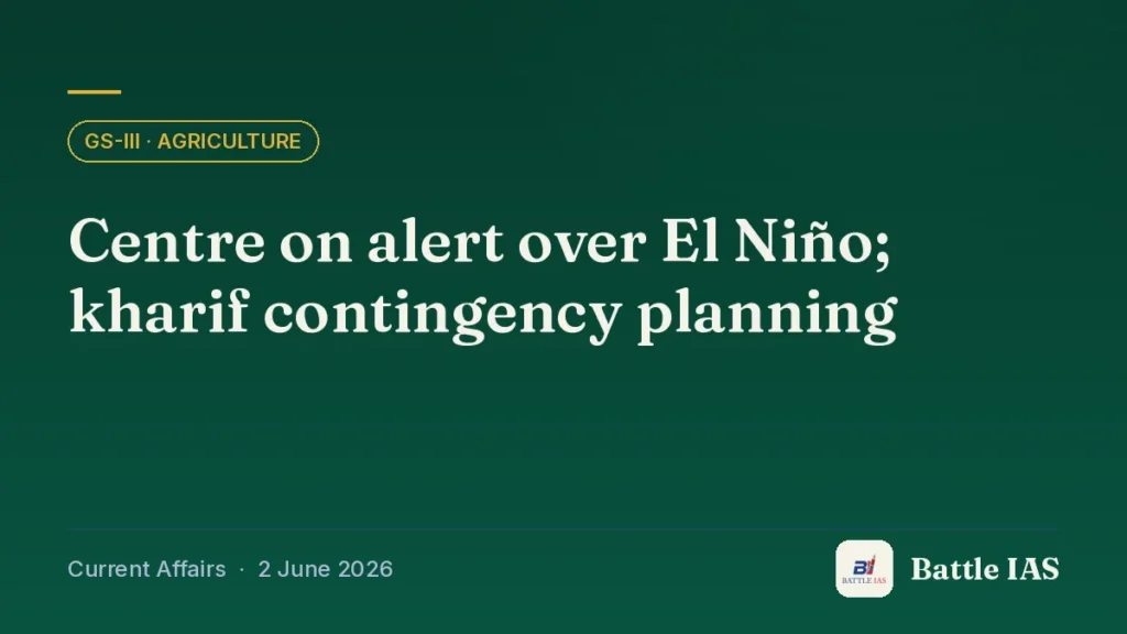 Battle IAS current affairs title card: Centre on alert over El Niño; kharif contingency planning (GS3 · Agriculture, 2 June 2026)