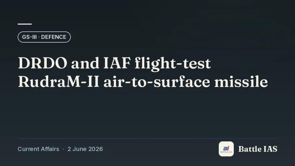 Battle IAS current affairs title card: DRDO and IAF flight-test RudraM-II air-to-surface missile (GS3 · Defence, 2 June 2026)