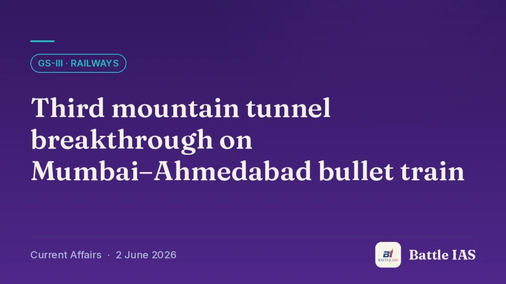Battle IAS current affairs title card: Third mountain tunnel breakthrough on Mumbai–Ahmedabad bullet train (GS3 · Railways, 2 June 2026)