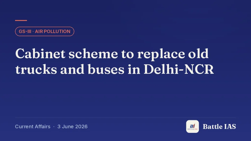 Battle IAS current affairs title card: Cabinet scheme to replace old trucks and buses in Delhi-NCR (GS3 · Air pollution, 3 June 2026)