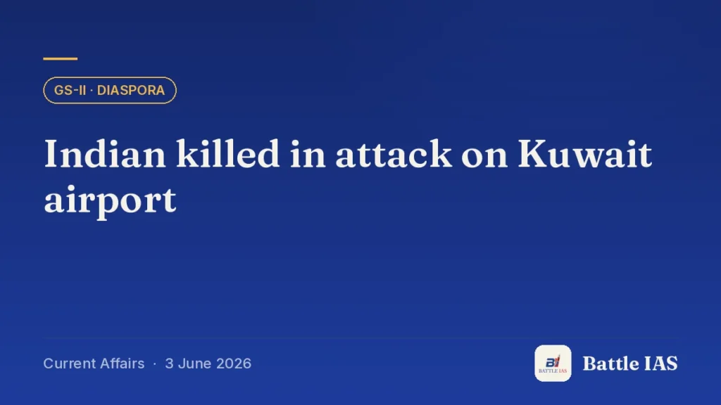 Battle IAS current affairs title card: Indian killed in attack on Kuwait airport (GS2 · Diaspora, 3 June 2026)