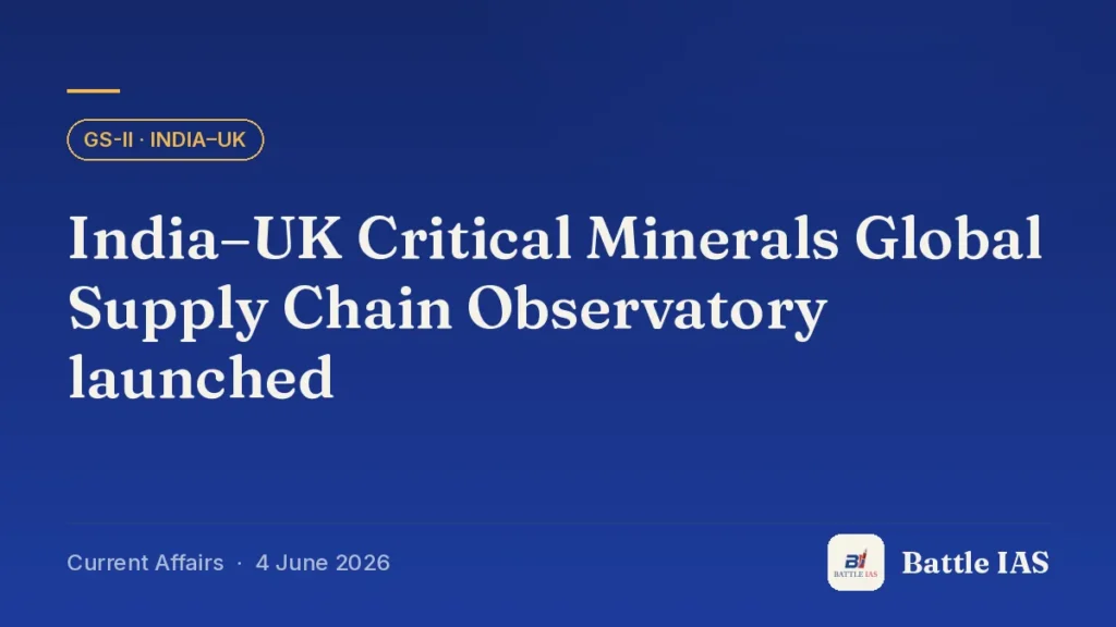 Battle IAS current affairs title card: India–UK Critical Minerals Global Supply Chain Observatory launched (GS2 · India–UK, 4 June 2026)