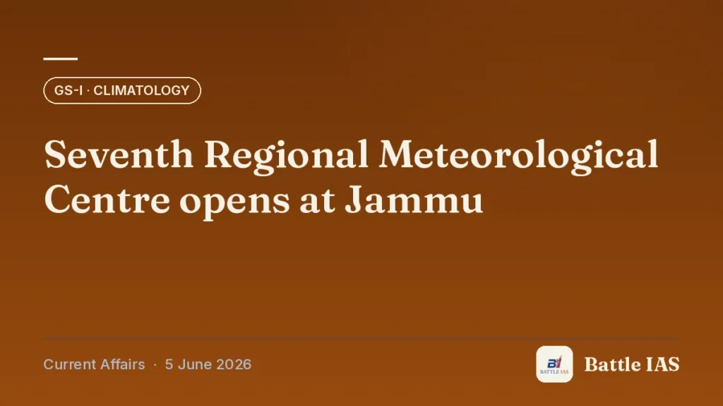 Battle IAS current affairs title card: Seventh Regional Meteorological Centre opens at Jammu (GS1 · Climatology, 5 June 2026)