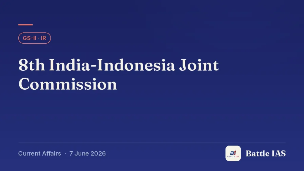 Battle IAS current affairs title card: 8th India-Indonesia Joint Commission (GS2 · IR, 7 June 2026)