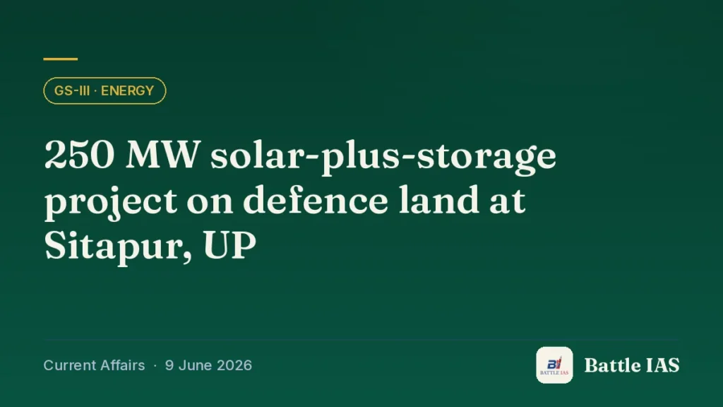 Battle IAS current affairs title card: 250 MW solar-plus-storage project on defence land at Sitapur, UP (GS3 · Energy, 9 June 2026)