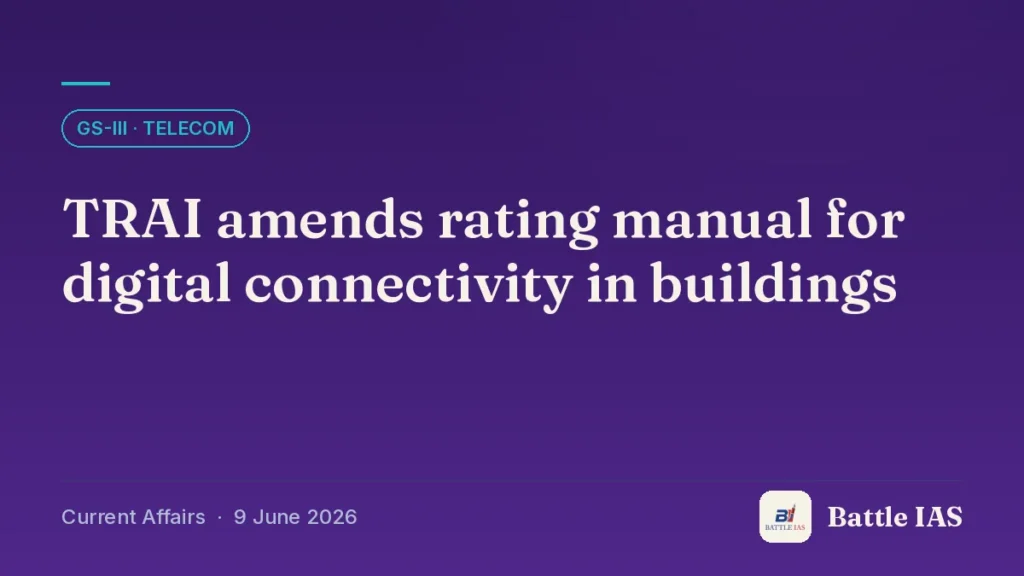 Battle IAS current affairs title card: TRAI amends rating manual for digital connectivity in buildings (GS3 · Telecom, 9 June 2026)