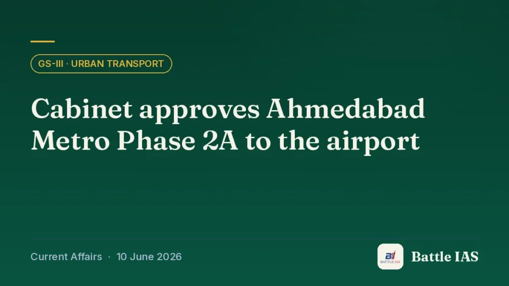Battle IAS current affairs title card: Cabinet approves Ahmedabad Metro Phase 2A to the airport (GS3 · Urban transport, 10 June 2026)