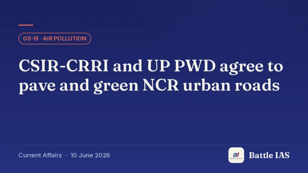 Battle IAS current affairs title card: CSIR-CRRI and UP PWD agree to pave and green NCR urban roads (GS3 · Air pollution, 10 June 2026)