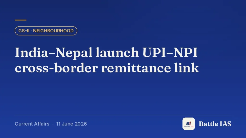 Battle IAS current affairs title card: India–Nepal launch UPI–NPI cross-border remittance link (GS2 · Neighbourhood, 11 June 2026)