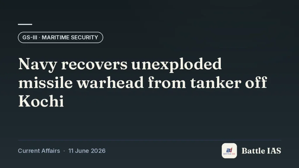 Battle IAS current affairs title card: Navy recovers unexploded missile warhead from tanker off Kochi (GS3 · Maritime security, 11 June 2026)