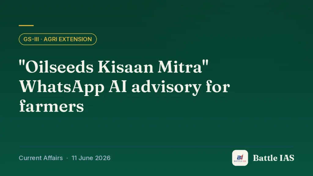 Battle IAS current affairs title card: "Oilseeds Kisaan Mitra" WhatsApp AI advisory for farmers (GS3 · Agri extension, 11 June 2026)