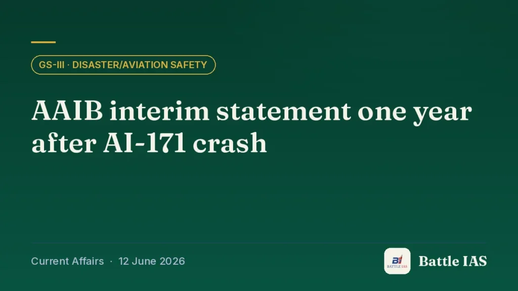 Battle IAS current affairs title card: AAIB interim statement one year after AI-171 crash (GS3 · Disaster/aviation safety, 12 June 2026)