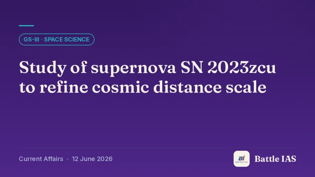 Battle IAS current affairs title card: Study of supernova SN 2023zcu to refine cosmic distance scale (GS3 · Space science, 12 June 2026)