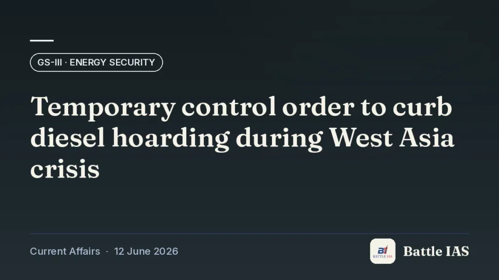 Battle IAS current affairs title card: Temporary control order to curb diesel hoarding during West Asia crisis (GS3 · Energy security, 12 June 2026)