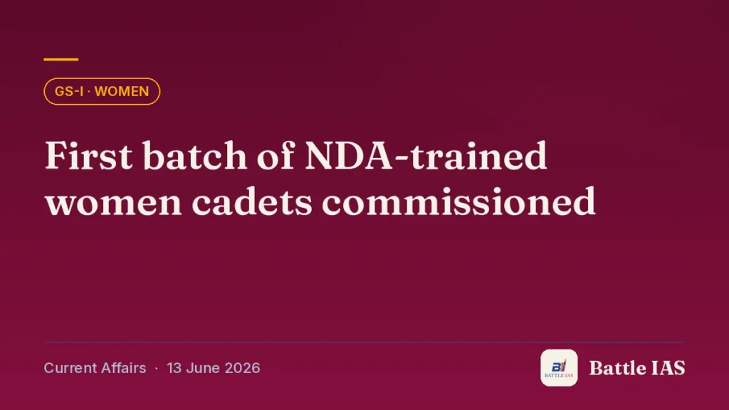 Battle IAS current affairs title card: First batch of NDA-trained women cadets commissioned (GS1 · Women, 13 June 2026)