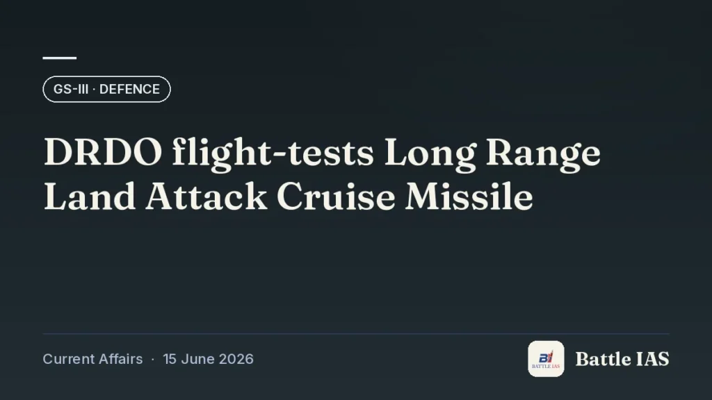 Battle IAS current affairs title card: DRDO flight-tests Long Range Land Attack Cruise Missile (GS3 · Defence, 15 June 2026)