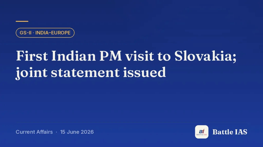 Battle IAS current affairs title card: First Indian PM visit to Slovakia; joint statement issued (GS2 · India–Europe, 15 June 2026)