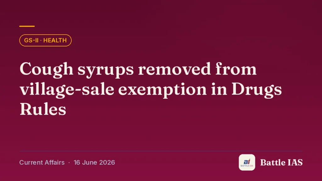 Battle IAS current affairs title card: Cough syrups removed from village-sale exemption in Drugs Rules (GS2 · Health, 16 June 2026)