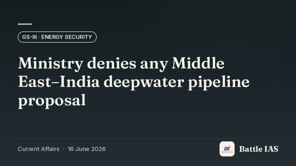 Battle IAS current affairs title card: Ministry denies any Middle East–India deepwater pipeline proposal (GS3 · Energy security, 16 June 2026)