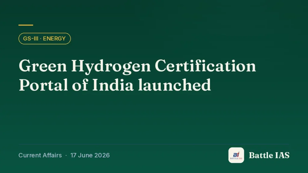 Battle IAS current affairs title card: Green Hydrogen Certification Portal of India launched (GS3 · Energy, 17 June 2026)