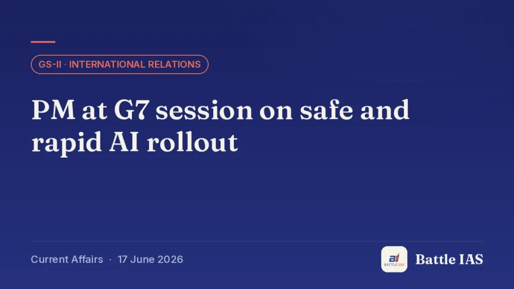 Battle IAS current affairs title card: PM at G7 session on safe and rapid AI rollout (GS2 · International relations, 17 June 2026)