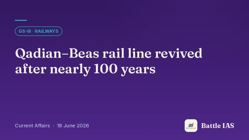 Battle IAS current affairs title card: Qadian–Beas rail line revived after nearly 100 years (GS3 · Railways, 18 June 2026)