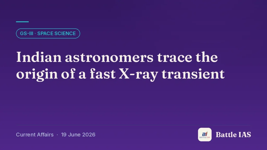 Battle IAS current affairs title card: Indian astronomers trace the origin of a fast X-ray transient (GS3 · Space science, 19 June 2026)