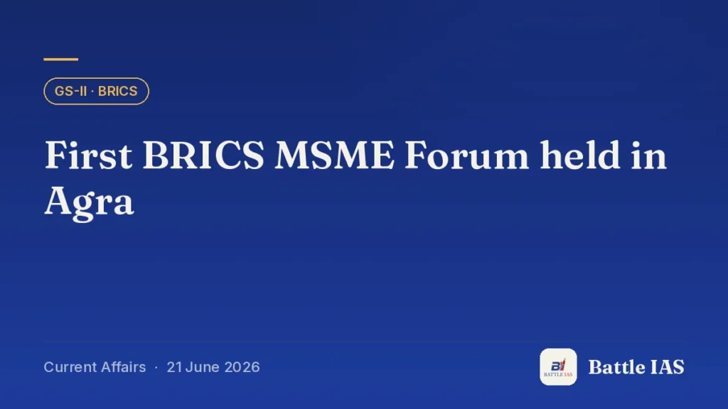 Battle IAS current affairs title card: First BRICS MSME Forum held in Agra (GS2 · BRICS, 21 June 2026)