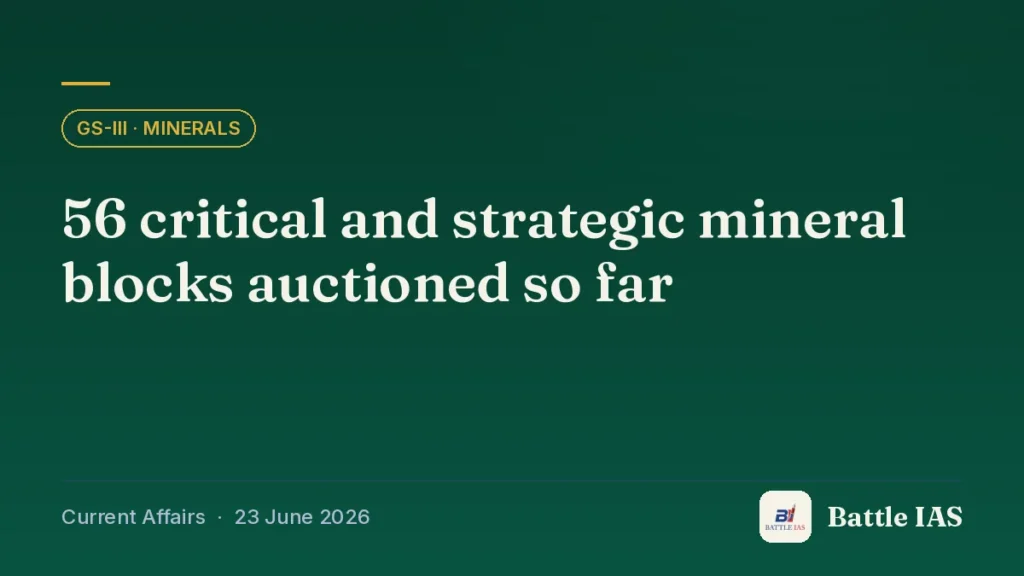 Battle IAS current affairs title card: 56 critical and strategic mineral blocks auctioned so far (GS3 · Minerals, 23 June 2026)