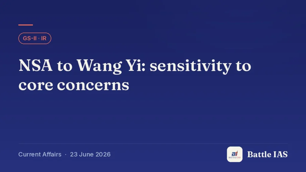 Battle IAS current affairs title card: NSA to Wang Yi: sensitivity to core concerns (GS2 · IR, 23 June 2026)