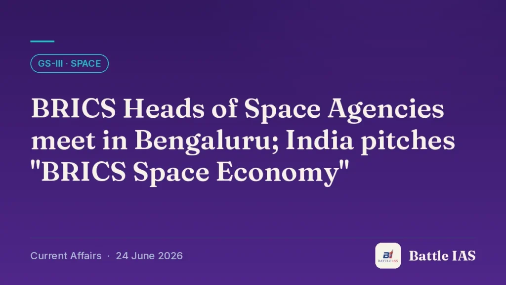 Battle IAS current affairs title card: BRICS Heads of Space Agencies meet in Bengaluru; India pitches "BRICS Space Economy" (GS3 · Space, 24 June 2026)