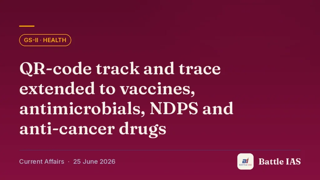 Battle IAS current affairs title card: QR-code track and trace extended to vaccines, antimicrobials, NDPS and anti-cancer drugs (GS2 · Health, 25 June 2026)