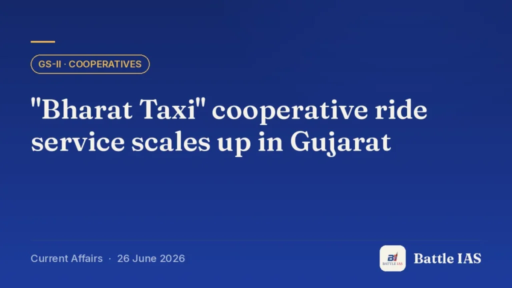 Battle IAS current affairs title card: "Bharat Taxi" cooperative ride service scales up in Gujarat (GS2 · Cooperatives, 26 June 2026)