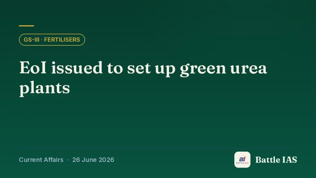 Battle IAS current affairs title card: EoI issued to set up green urea plants (GS3 · Fertilisers, 26 June 2026)