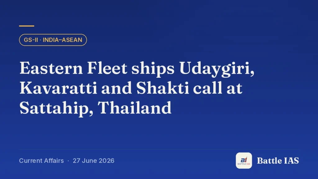 Battle IAS current affairs title card: Eastern Fleet ships Udaygiri, Kavaratti and Shakti call at Sattahip, Thailand (GS2 · India–ASEAN, 27 June 2026)