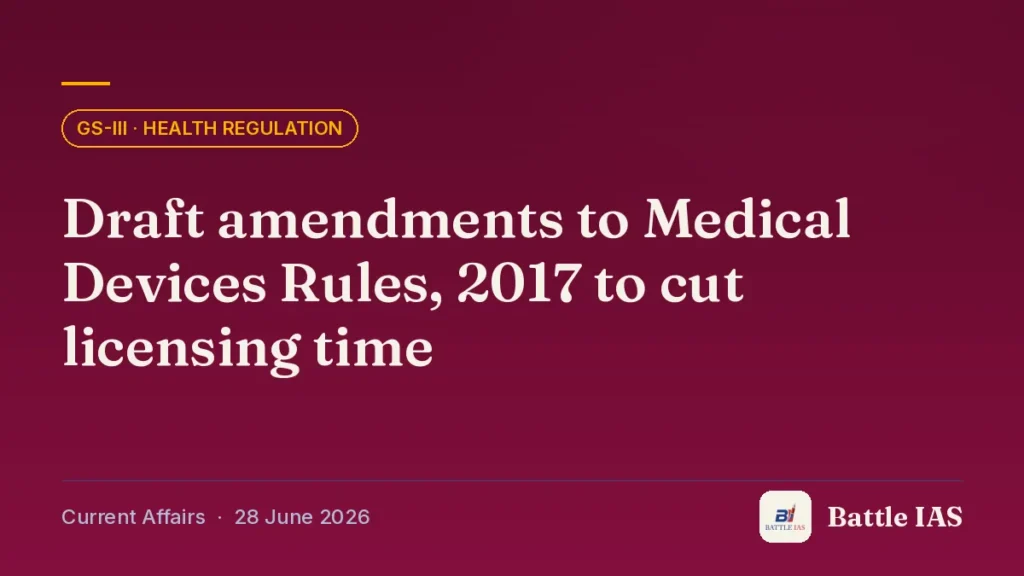 Battle IAS current affairs title card: Draft amendments to Medical Devices Rules, 2017 to cut licensing time (GS3 · Health regulation, 28 June 2026)