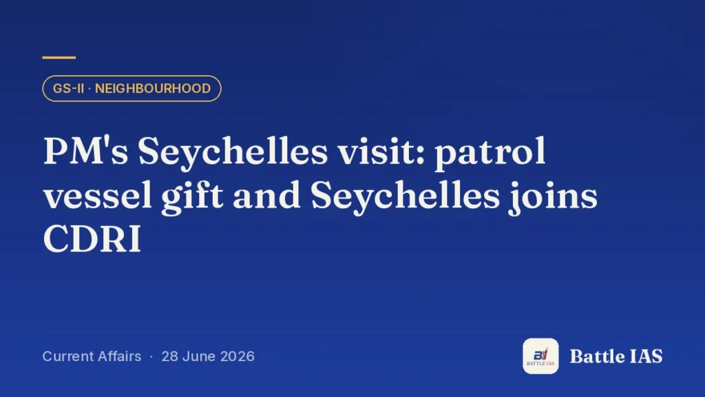 Battle IAS current affairs title card: PM's Seychelles visit: patrol vessel gift and Seychelles joins CDRI (GS2 · Neighbourhood, 28 June 2026)