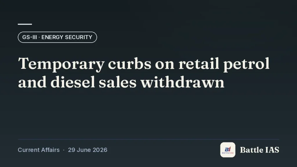Battle IAS current affairs title card: Temporary curbs on retail petrol and diesel sales withdrawn (GS3 · Energy security, 29 June 2026)