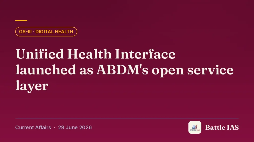 Battle IAS current affairs title card: Unified Health Interface launched as ABDM's open service layer (GS3 · Digital health, 29 June 2026)