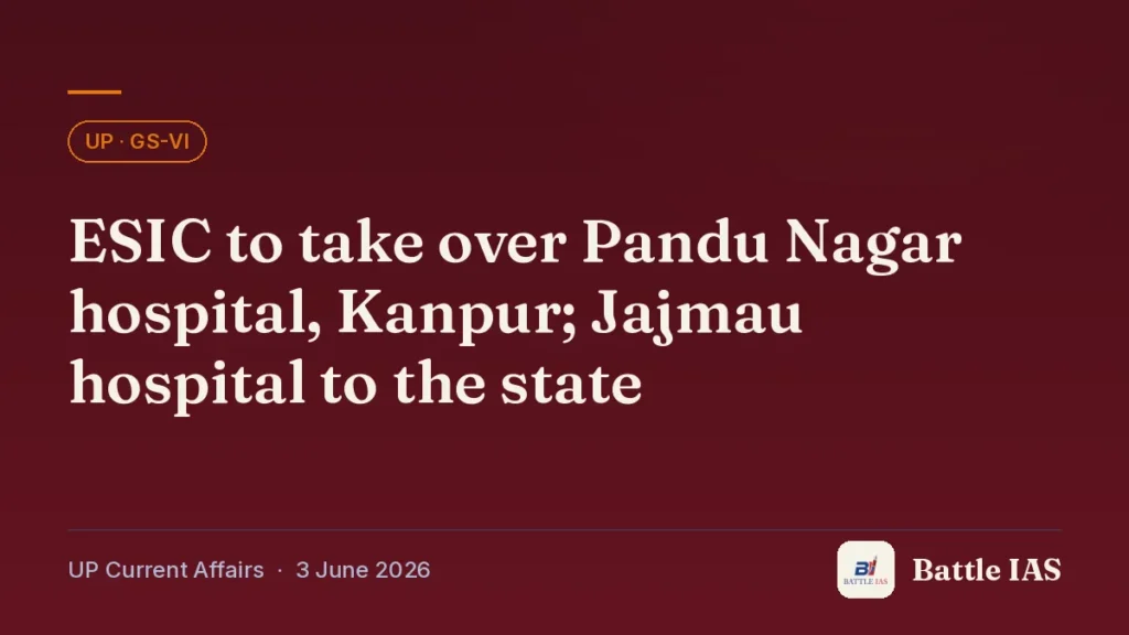Battle IAS UP current affairs title card: ESIC to take over Pandu Nagar hospital, Kanpur; Jajmau hospital to the state (, 3 June 2026)