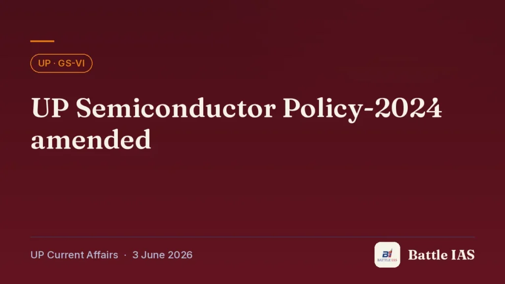 Battle IAS UP current affairs title card: UP Semiconductor Policy-2024 amended (, 3 June 2026)